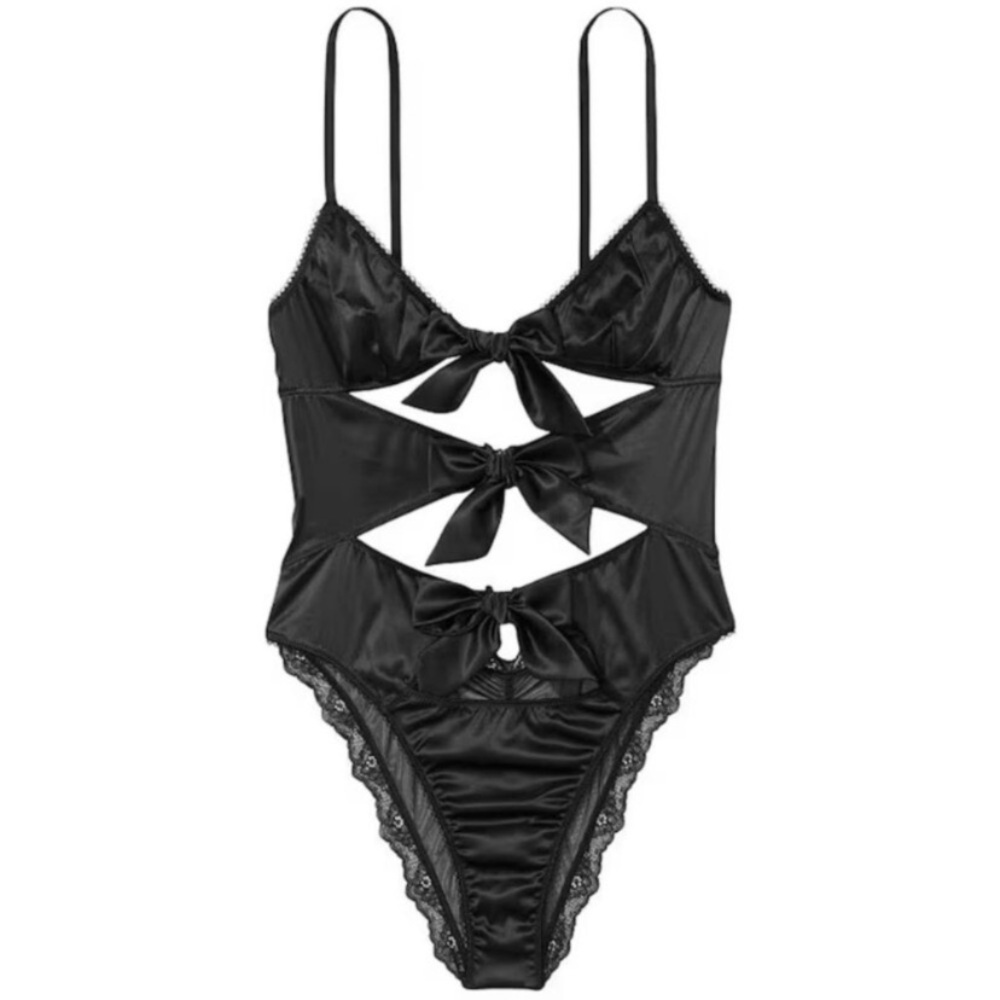 New! Victoria’s Secret Very Sexy Black Satin Bow Cut Out Bodysuit 4408